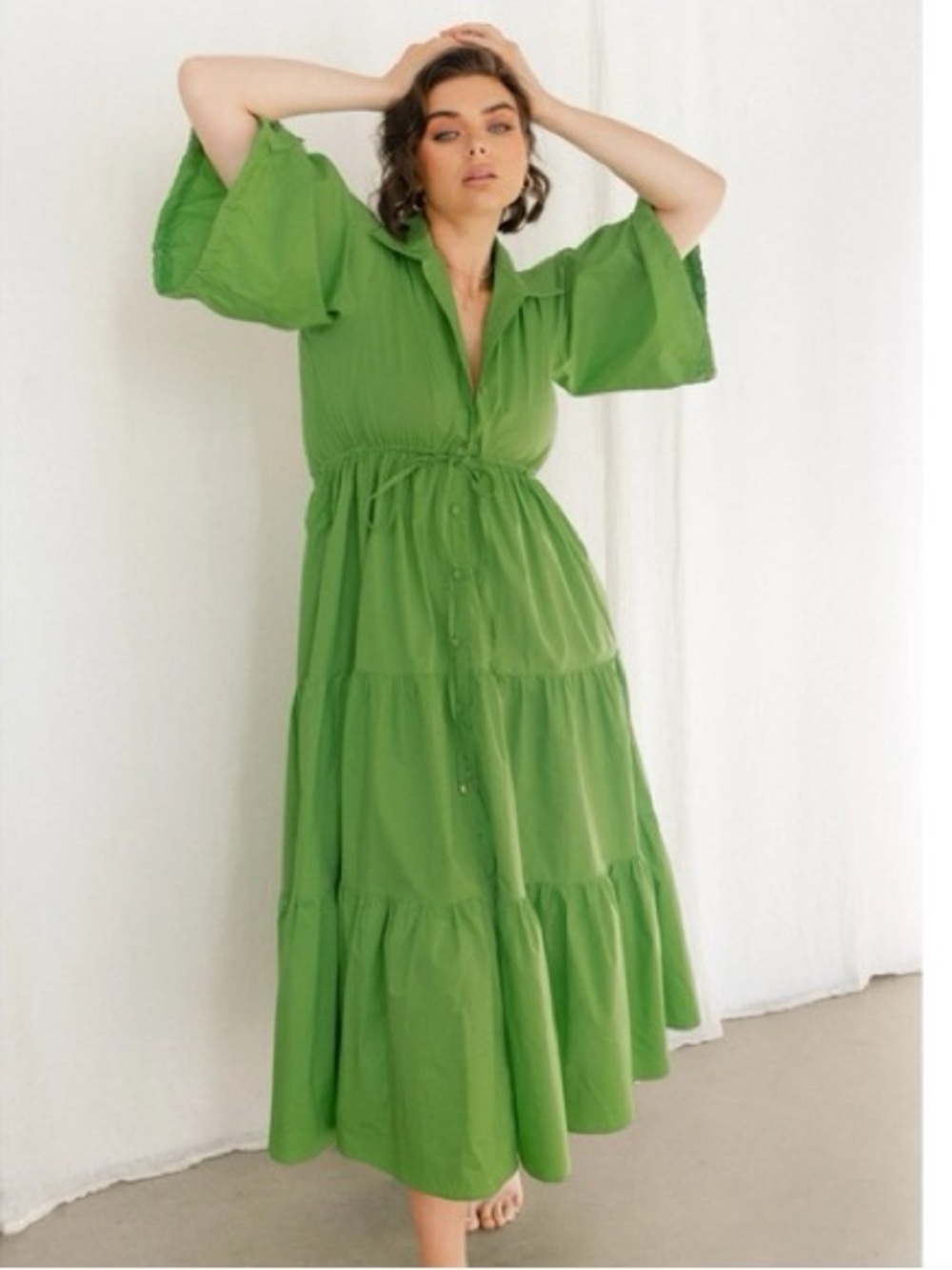 Baiia Harlow Dress in Palm Midi Tiered Ruffle Balloon Sleeve